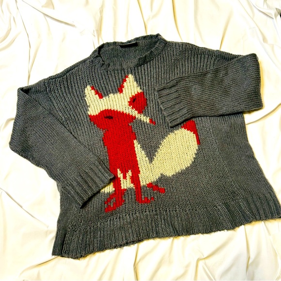 Wooden Ships Gray Wool Blend Fox Sweater Size M/L - Picture 1 of 3